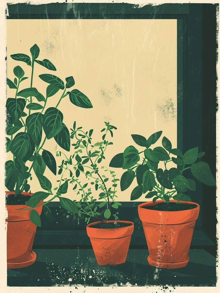 Potted Herbs On The Windowsil Illustration 1