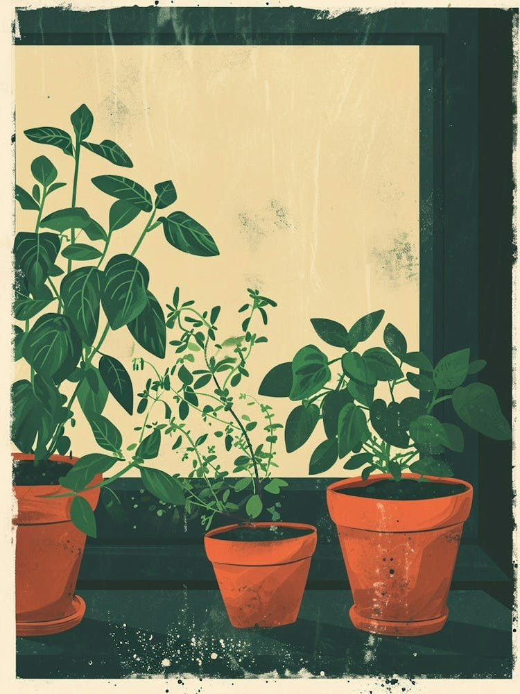 Potted Herbs On The Windowsil Illustration 1