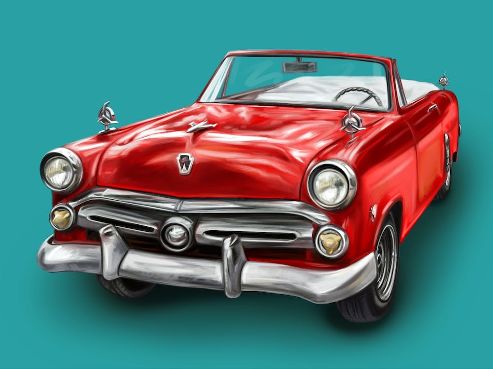 A Ford Crestline is a piece of automotive art. It features the iconic 1950s car with its sleek design, chrome accents, and vintage style. The drawing is highly detailed. 1