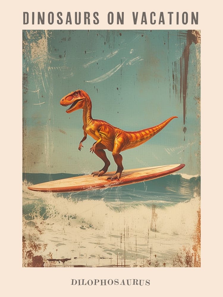 Vintage Dilophosaurus Dinosaur On A Surf Board 1 Poster