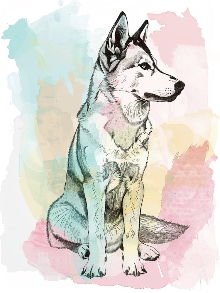Husky Dog Pastel Line Watercolour Illustration  3