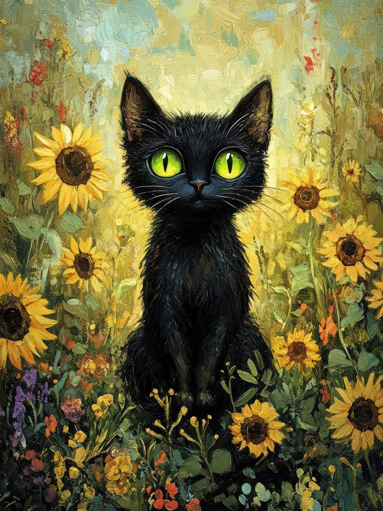 Black Cat In Sunflowers