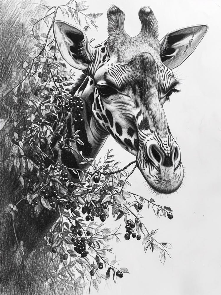 Giraffe Eating Berries Pencil Drawing 1