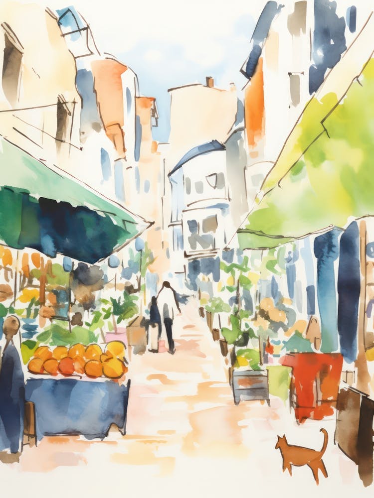 Food Market With Cats In Santander 2 Watercolour