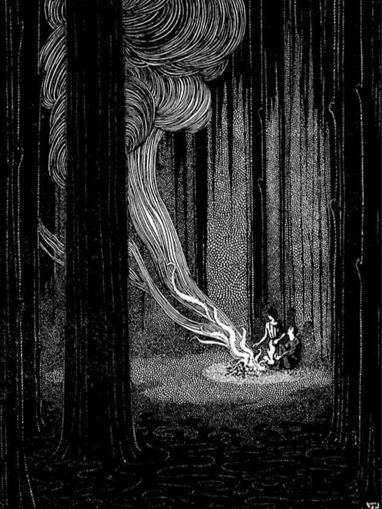 Hansel and Gretel Smoke in the Woods Vintage Book Press - Brothers Grim Fairytale Art Witchy Pagan Fairycore Antique Rare Witchcore Cottagecore