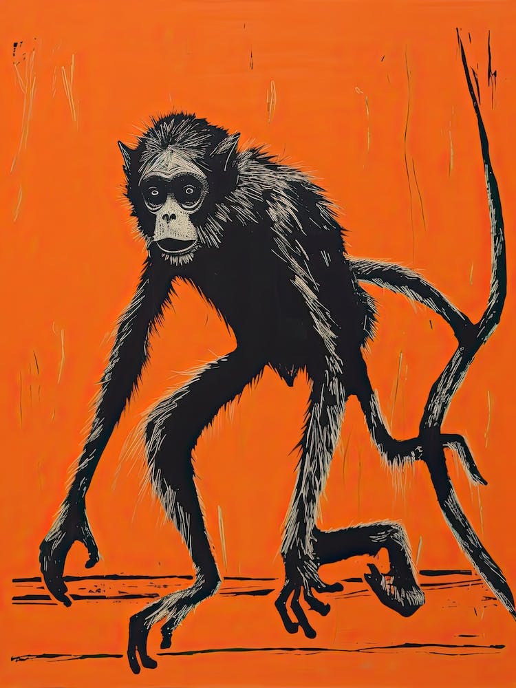 Spider Monkey, Woodblock Animal Drawing 1