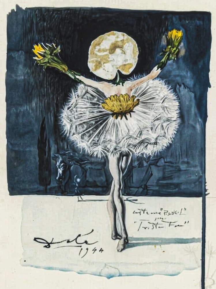 Salvador Dali Poster “Une Costume 'Pisenlit' Pour Pe Ballet 'Tristan Fou'” in 1944 Ballerina Flower Head Remastered
