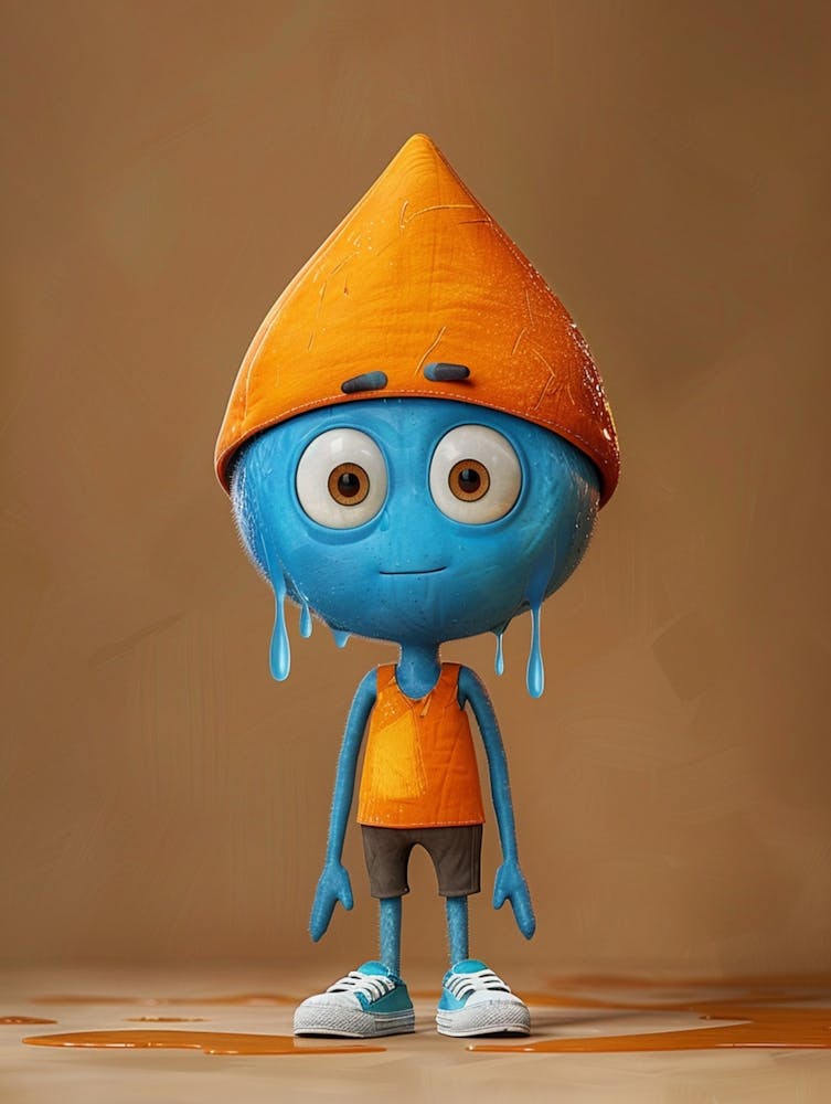 A Cheeky Raindrop, Blue Skin, Short, Short Arms And Legs, Cartoon Style, Children S Book Character, Hand Drawn, Funny Expressions And Poses, Character Sheet, Orange Hat, White Sneakers