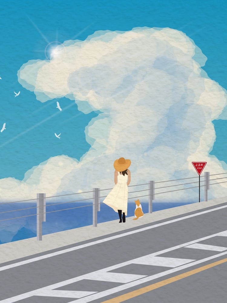 Minimal art Girl Walking On The Beach Road
