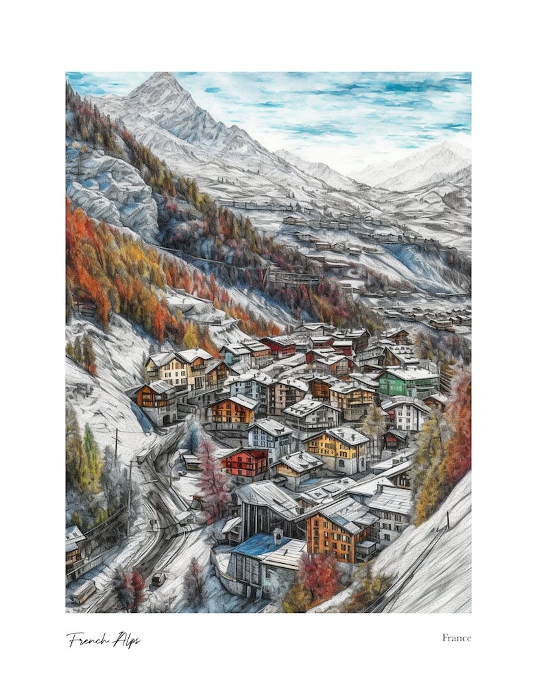 Französische Alpen Frankreich Bleistiftskizze 2 Aquarell Reiseposter