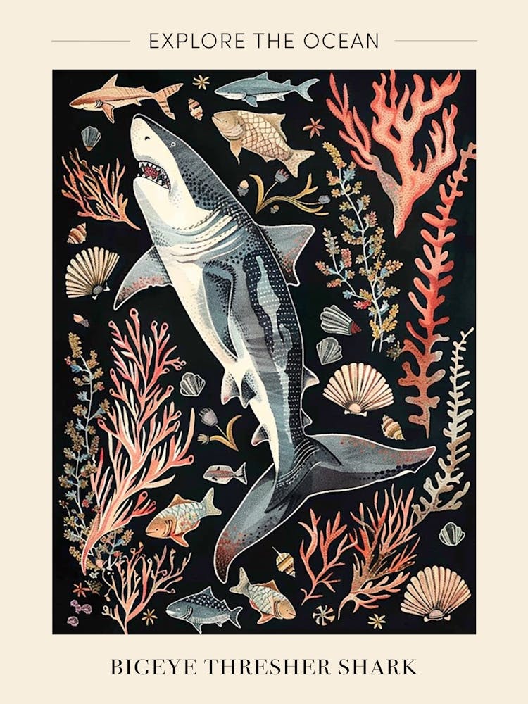 Bigeye Thresher Shark Black Seascape Poster