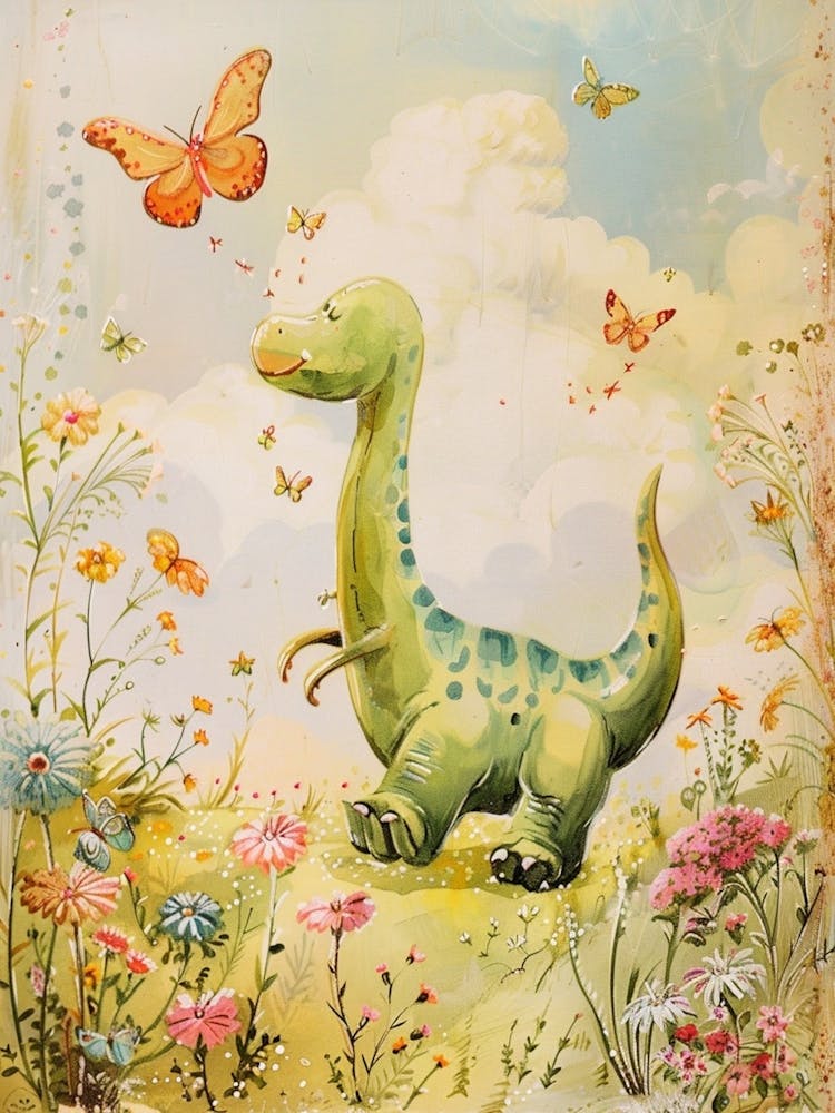 Cute Dinosaurs Playing With Butterflies Storybook Painting 2