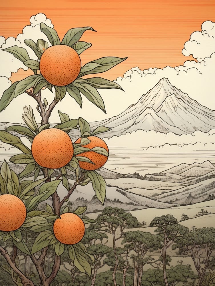 Tachibana Mandarin Orange Japanese Botanical Illustration