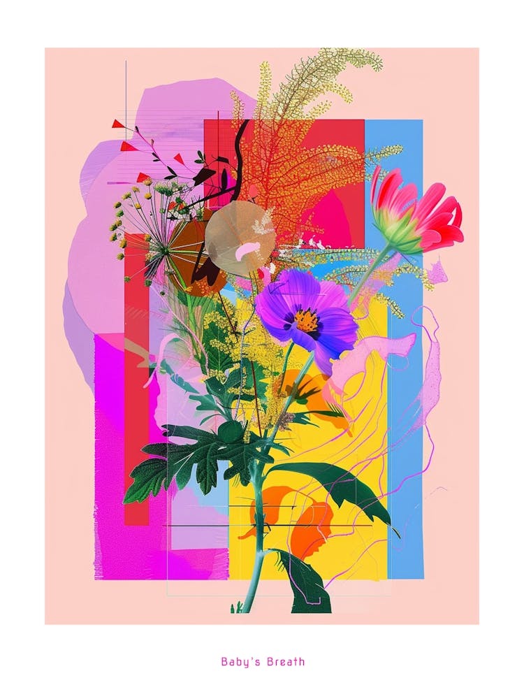 Baby S Breath 4 Neon Flower Collage Poster