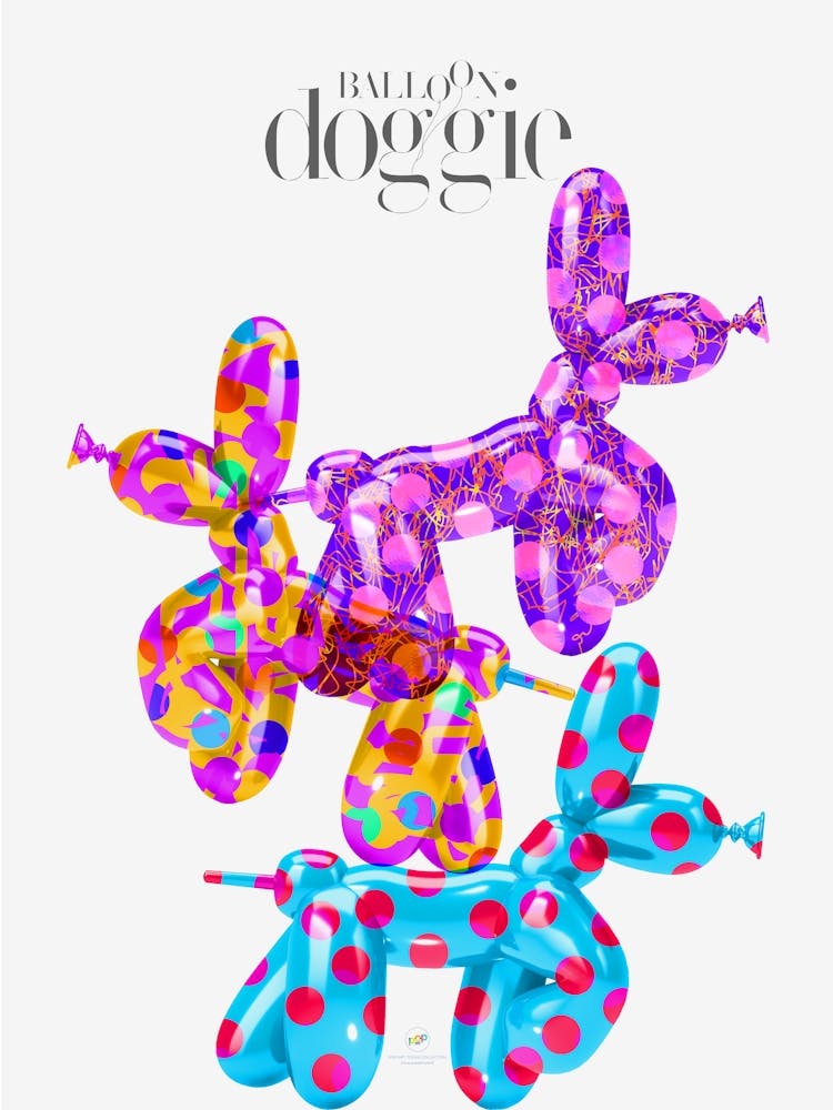 BALLOON DOGGIES 3 | Digital art | Pop Art World 2025 This character was invented by someone who played with making figures with balloons. Suddenly, in his skillful hands appeared this little dog, today baptized by Pop Art World as Balloon Doggie. This artwork was created using Adobe Illustrator and Photoshop. The best of Pop Art images, now in digital replicas! Prints with bright colors, sharp images, and high resolution.