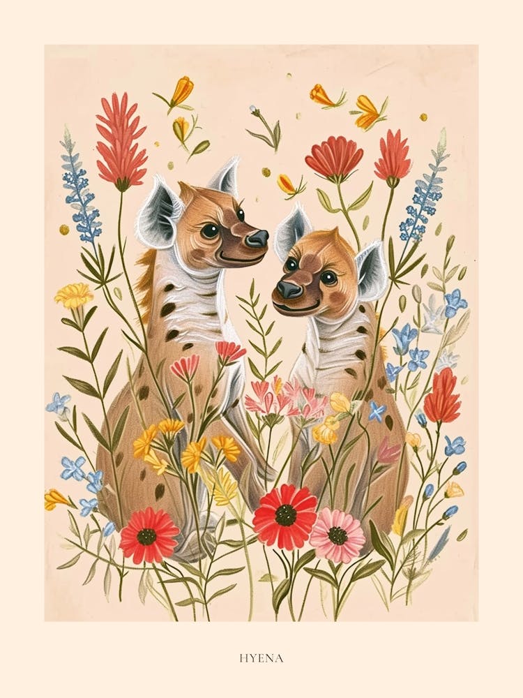 Folksy Floral Animal Drawing Hyena 2 Poster