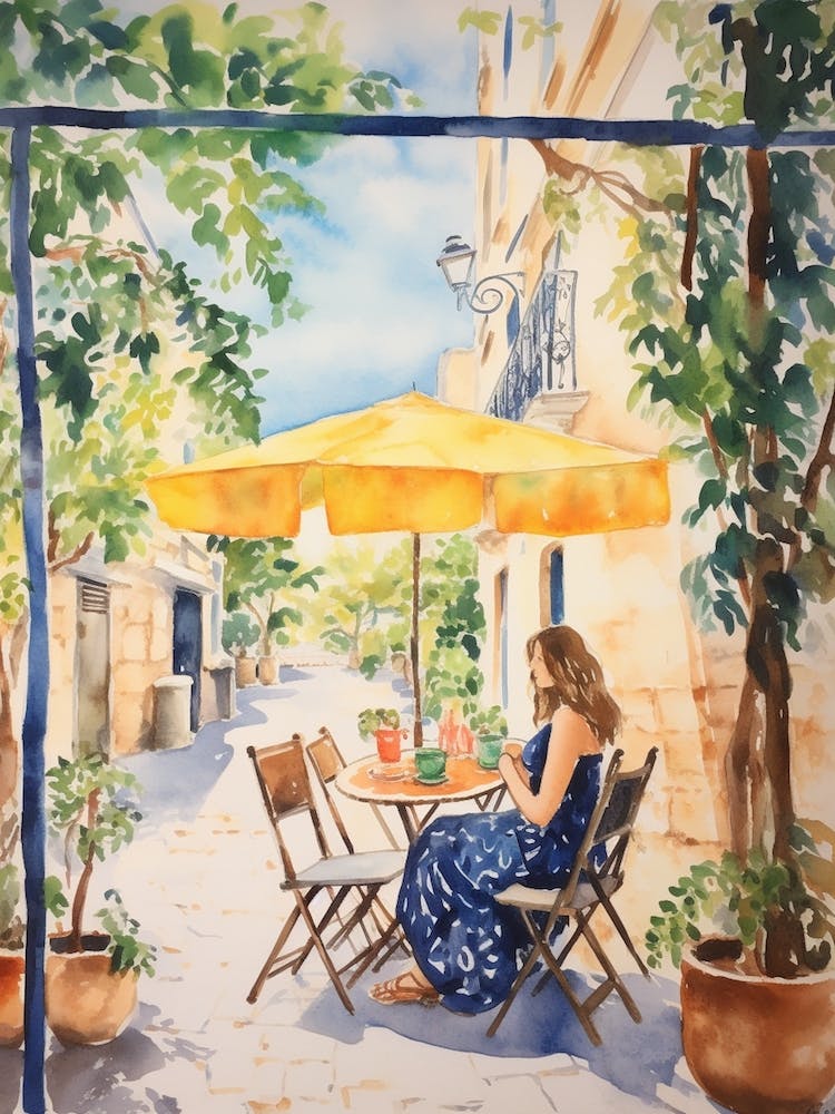 In einem Café in Korčula Kroatien Aquarell