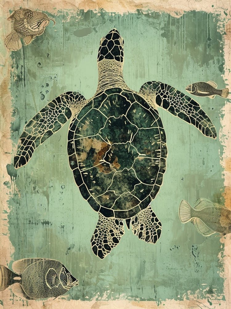 Sea Turtle & Fish Vintage Wallpaper Style