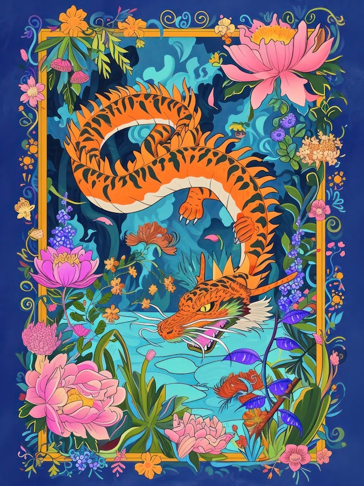 Lunar Year Of The Dragon 2024 Orange Dragon With Floral Frame