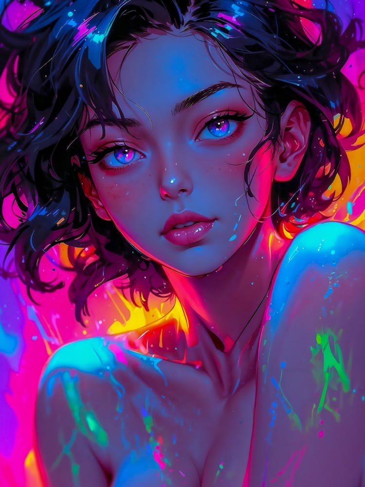 A cyberpunk anime girl with a cute face emerges from the water — a wet, nude fantasy bathed in neon colors and erotic allure.