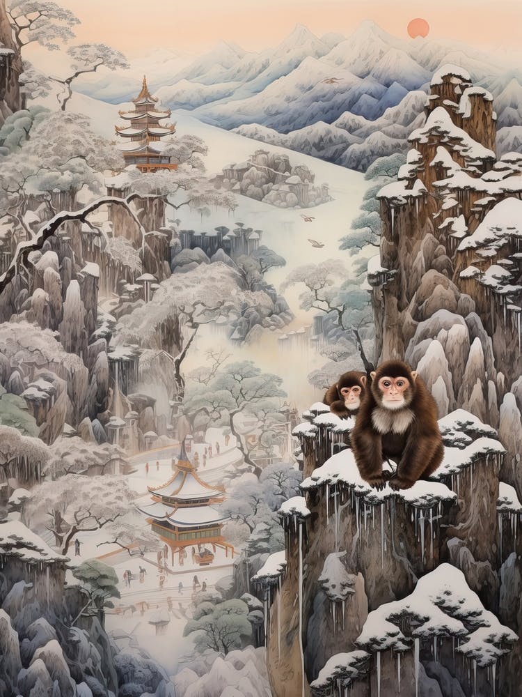 Jigokudani Monkey Park In Nagano, Ukiyo E Drawing 2