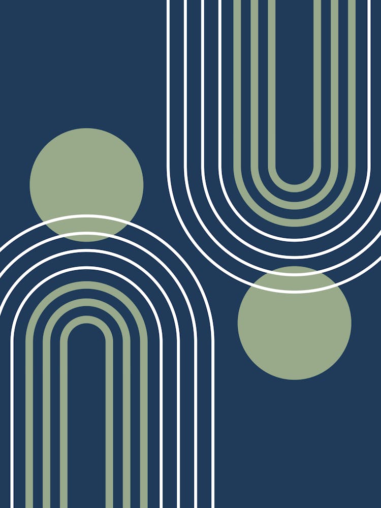 Mid Century Modern Geometric B21 In Navy Blue And Sage Green (Rainbow And Sun Abstract) 01 01