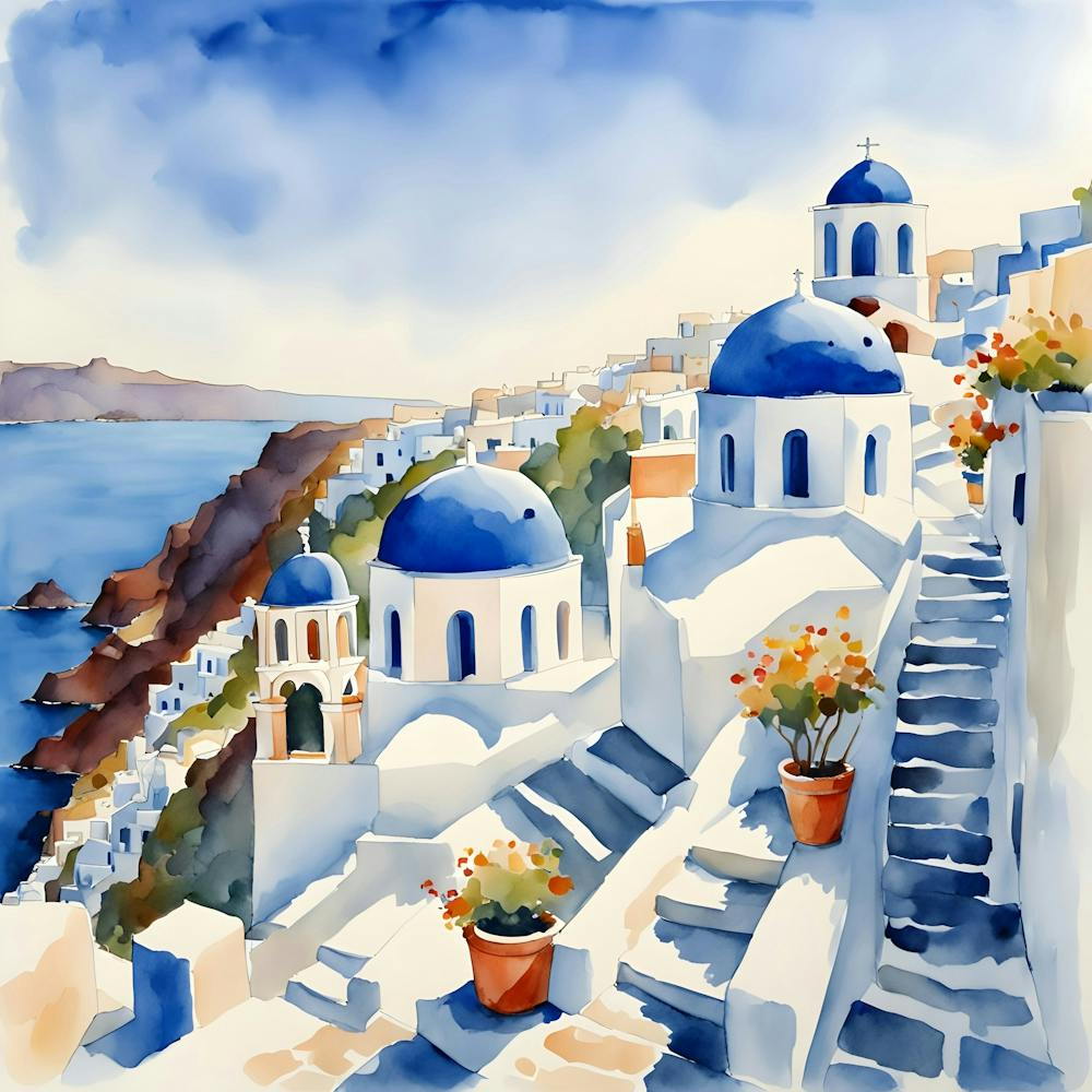 Santorini Greece Watercolor 10
