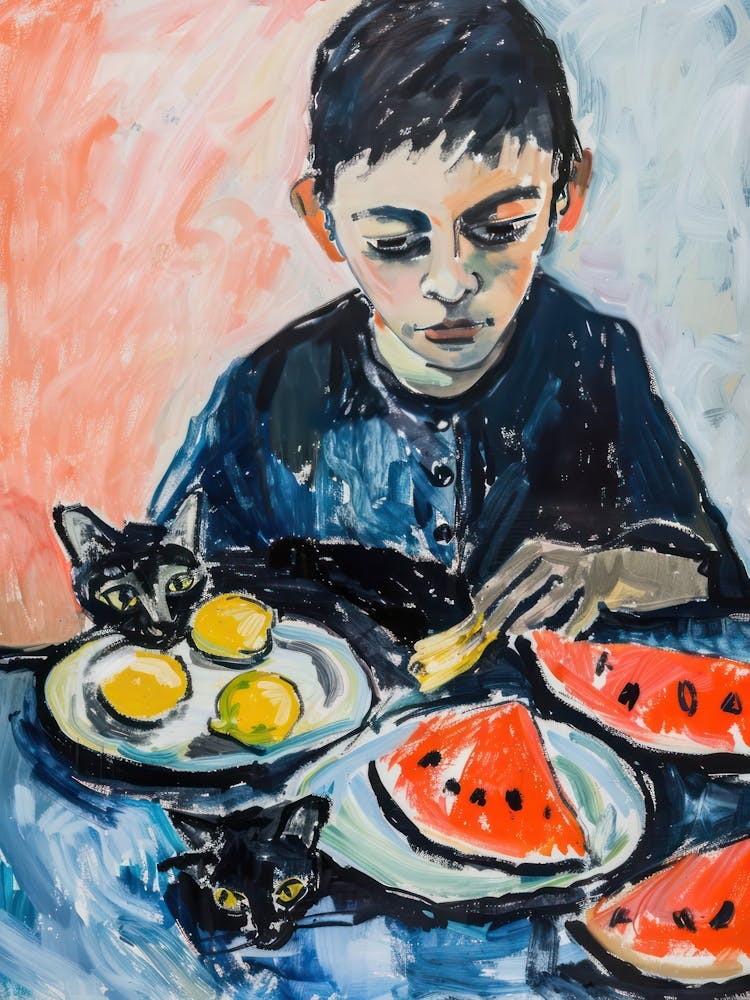 Portrait Of A Boy With Black Cats Eating A Sandia