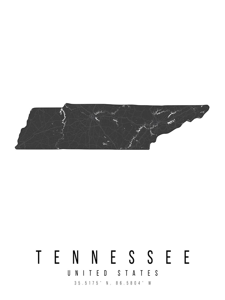 Tennessee Mono Black And White Modern Minimal Street Map