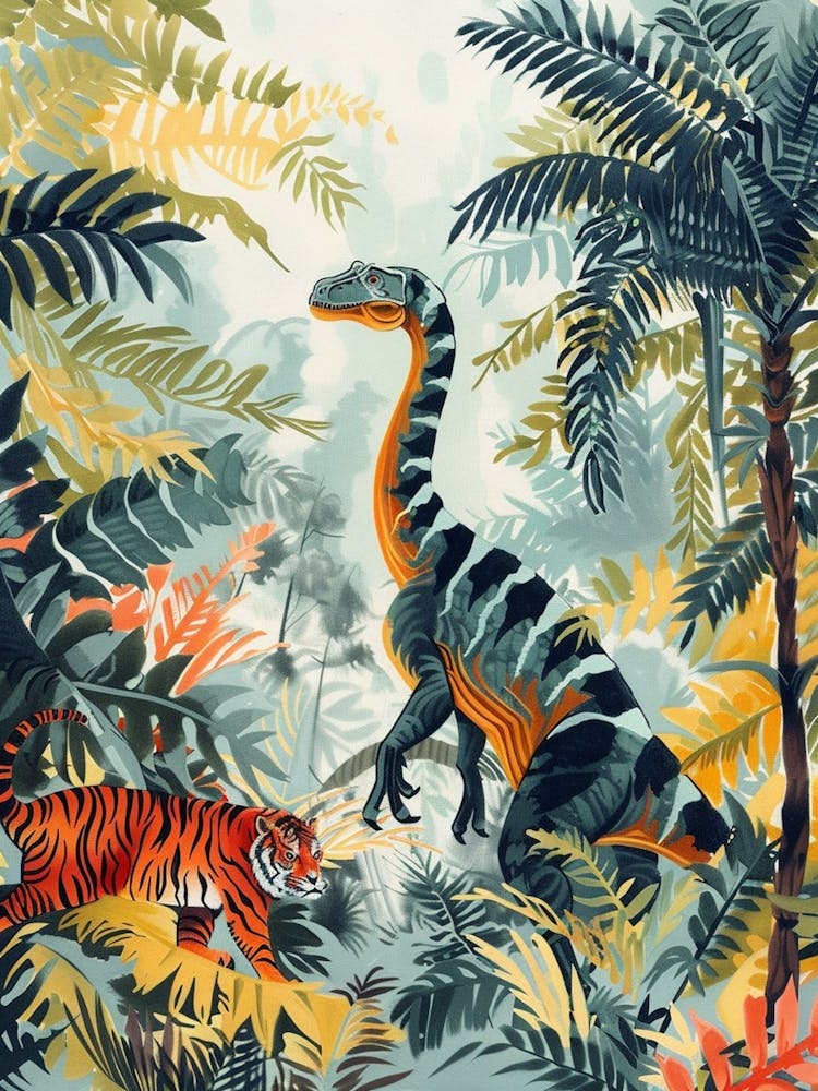 Dinosaur And A Tiger In A Tropical Rainforest