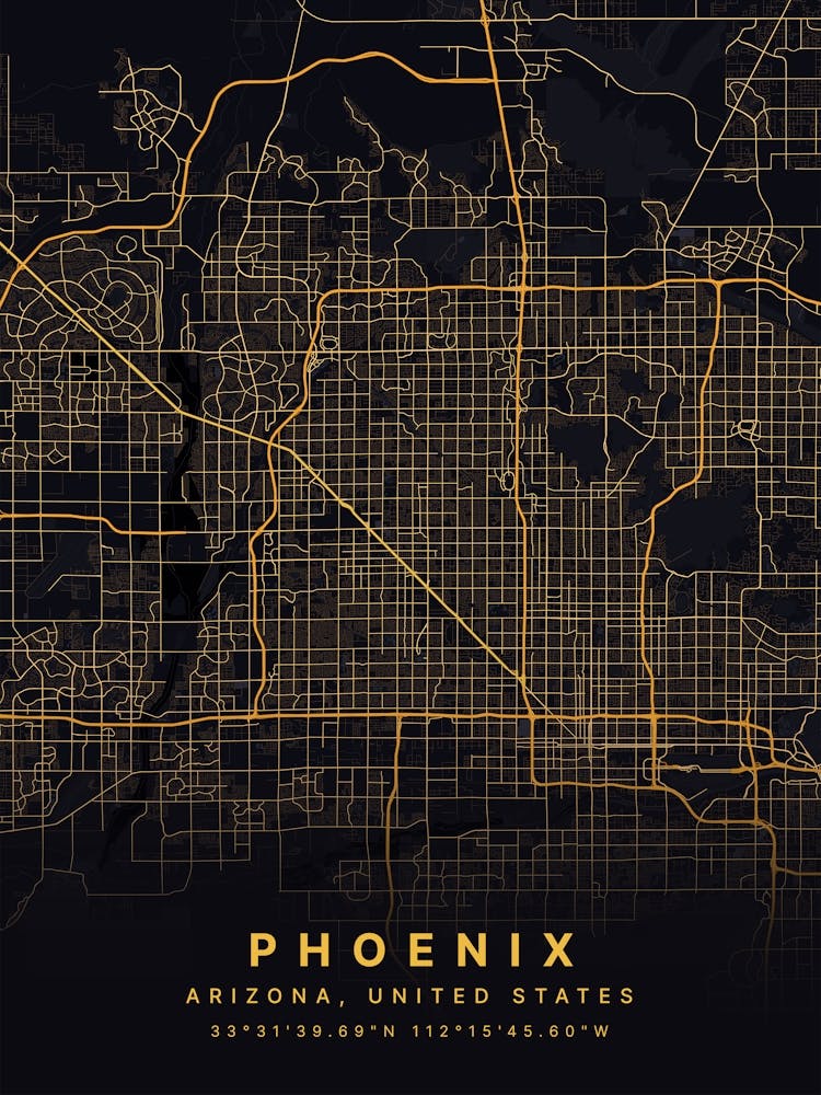Phoenix Arizona Usa Black And Gold Map