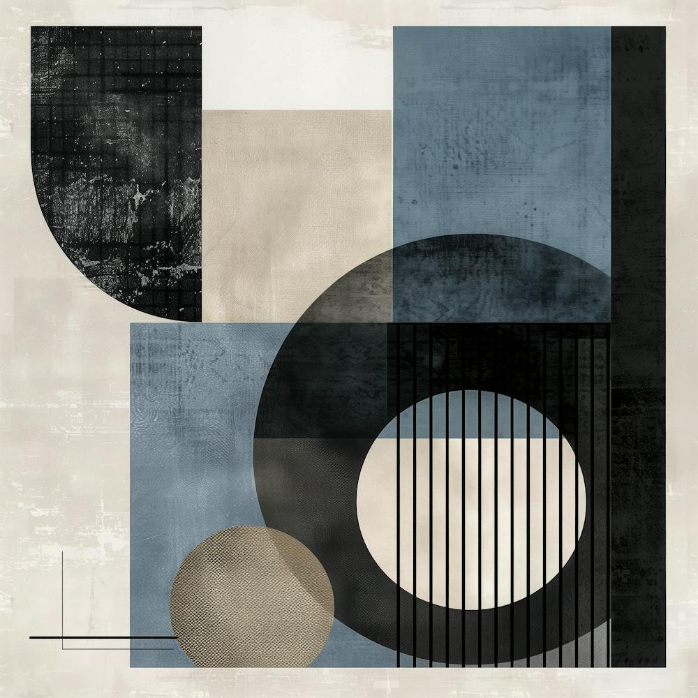 Abstract Geometric Painting - Circles, Squares and Lines in Blue, Beige and Black