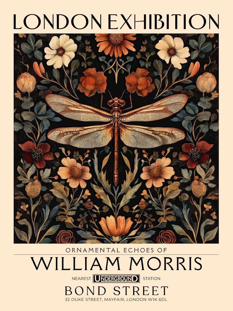 William Morris Dragonfly and floral artwork in Warm earth tones, insect and flower pattern dark academia library Botanical vintage print, living room vintage decor Floral tapestry Victorian nature art 34