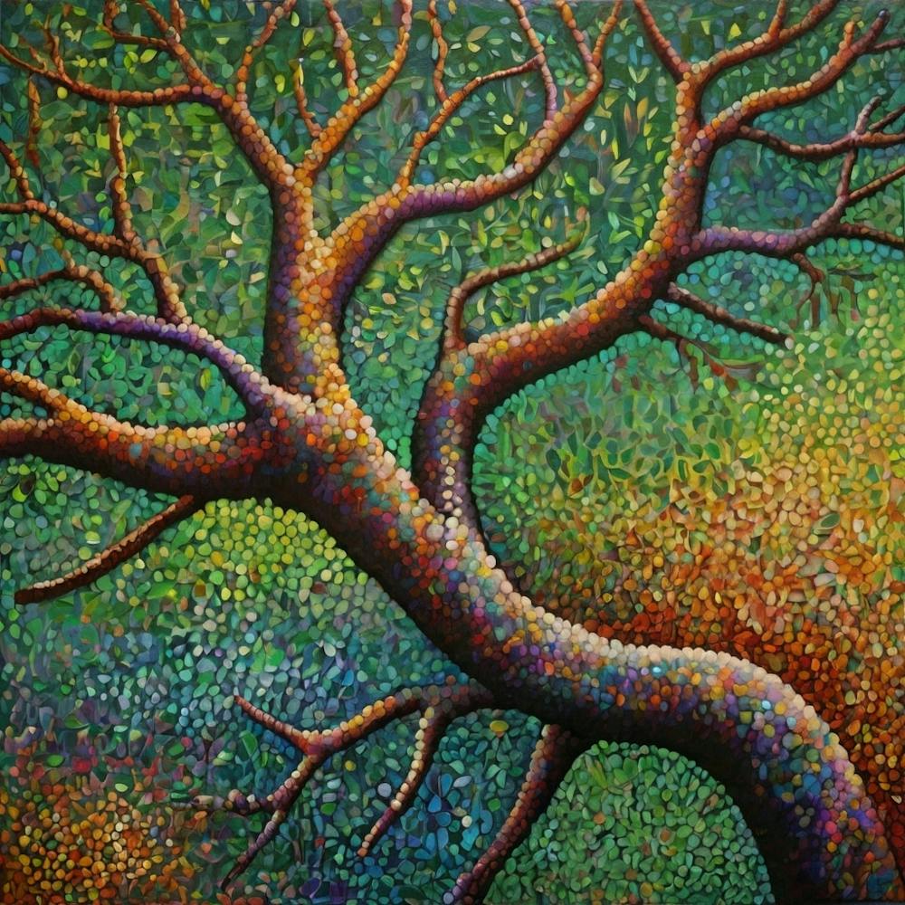 Default A Pointillist Painting Of A Tree Branch Using Small Do 1