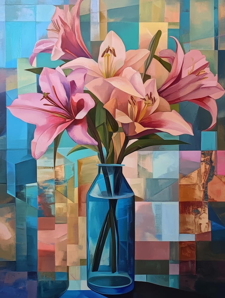 Pink Lilies In A Blue Vase