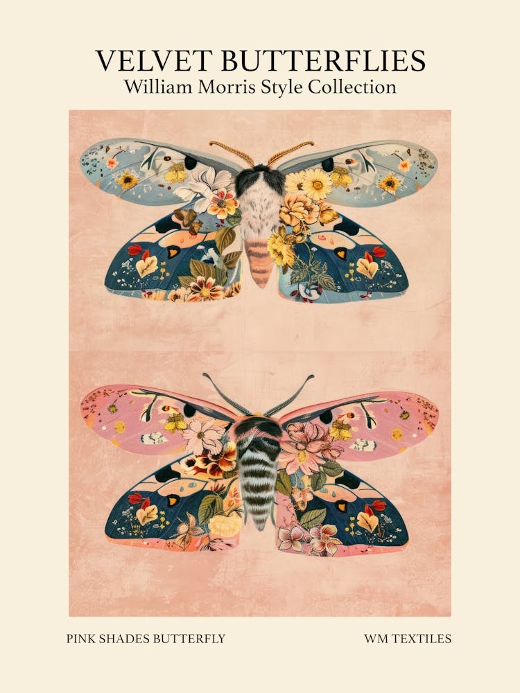 Velvet Butterflies Collection Pink Shades Butterfly William Morris Style 2