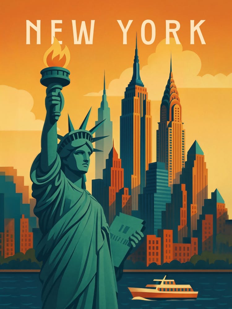 New York Travel Poster – Statue of Liberty and Skyline Sunset: Capture NYC’s iconic skyline with the Statue of Liberty, Empire State, and Chrysler Building in golden evening light. This urban travel poster is perfect for city lovers, East Coast tourists, and anyone drawn to the energy of classic New York.