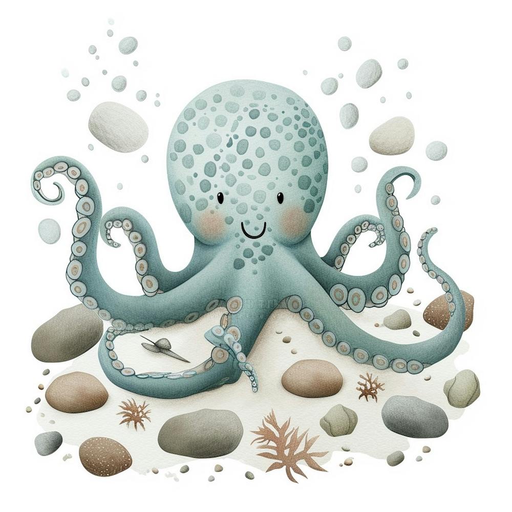 Storybook Style Octopus With Rocks 1