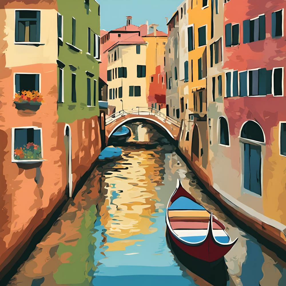 Beautiful Venice canals with gondolas and bridges, charming, romantic, high detail, cityscape, Paul Klee art style