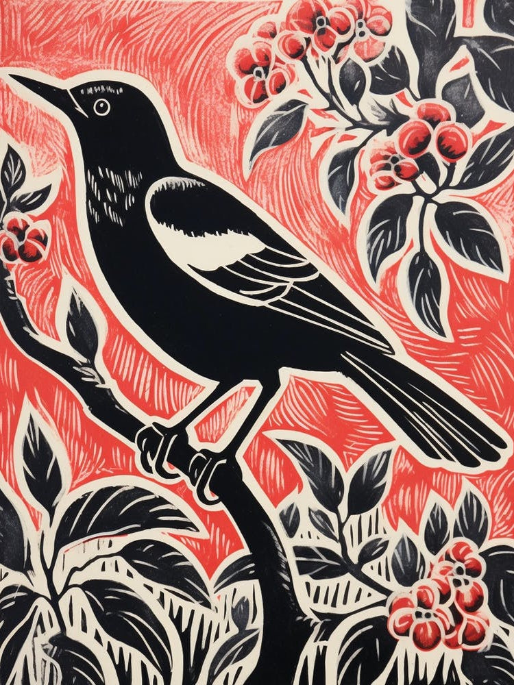 Vintage Bird Linocut Magpie 1