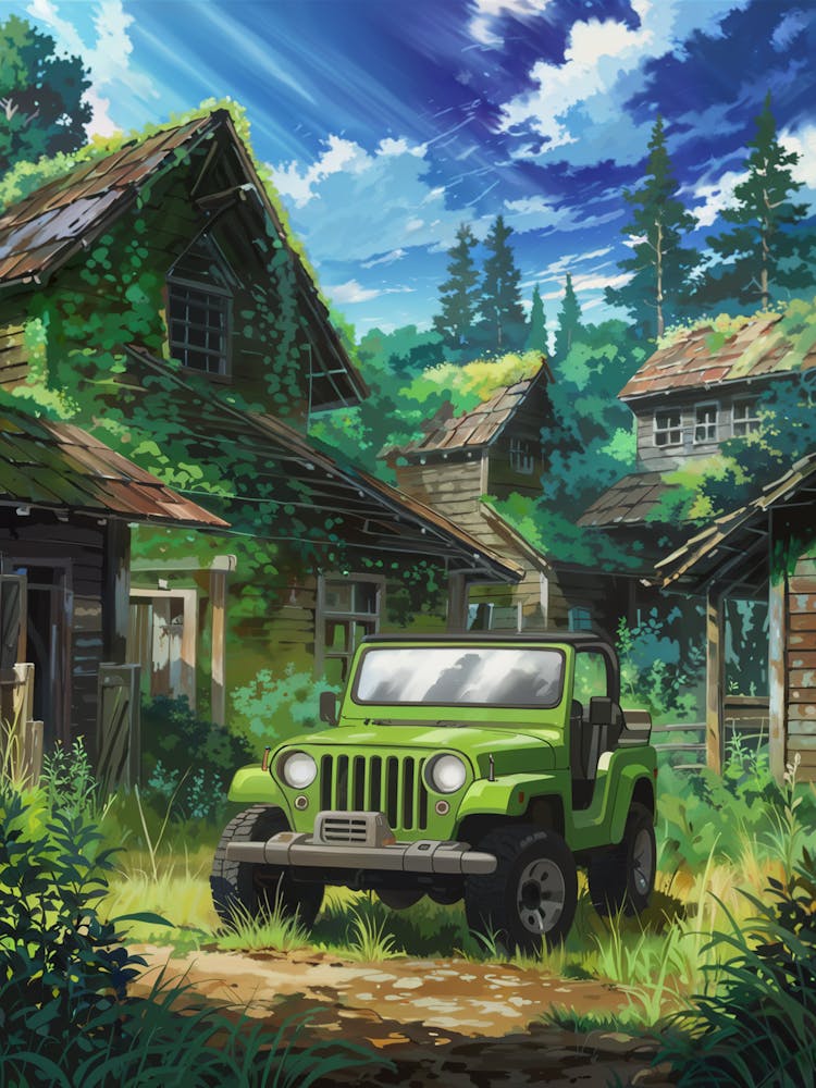 Anime Canvas Art: Overgrown Abandoned Village with Rustic Wooden Houses and Green Jeep, Vibrant Foliage and Blue Sky, Perfect for Lofi Aesthetic and Adventure Enthusiasts. 1
