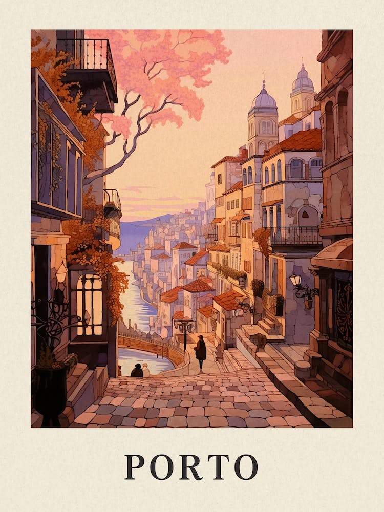 Porto Portugal 2 Vintage Pink Travel Illustration Poster