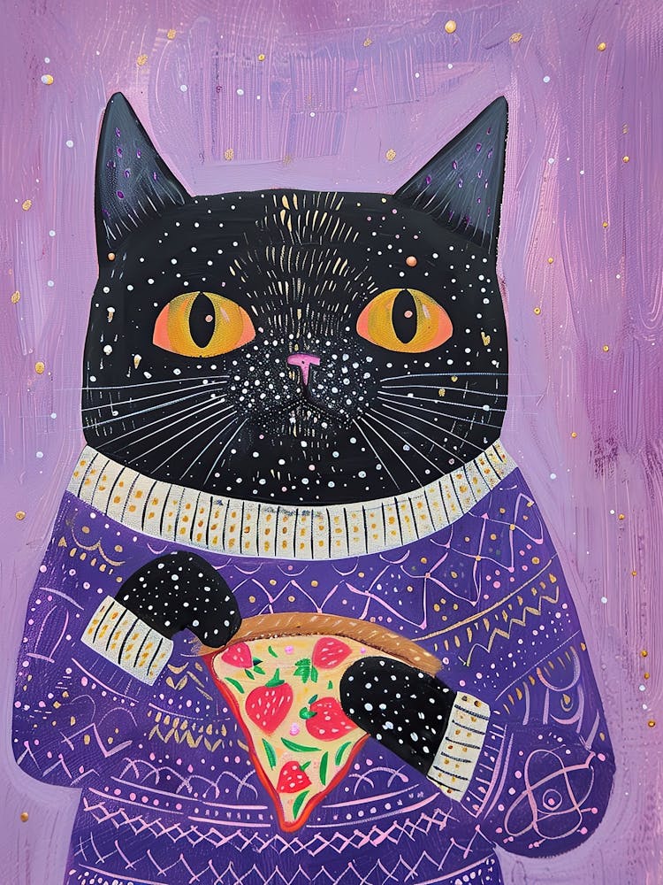Joli chat noir mangeant une tranche de pizza Illustration folklorique 4