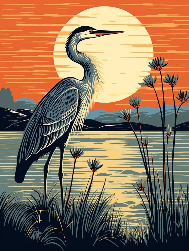Grand Hérion bleu 10 - Linogravure d'oiseau Vintage