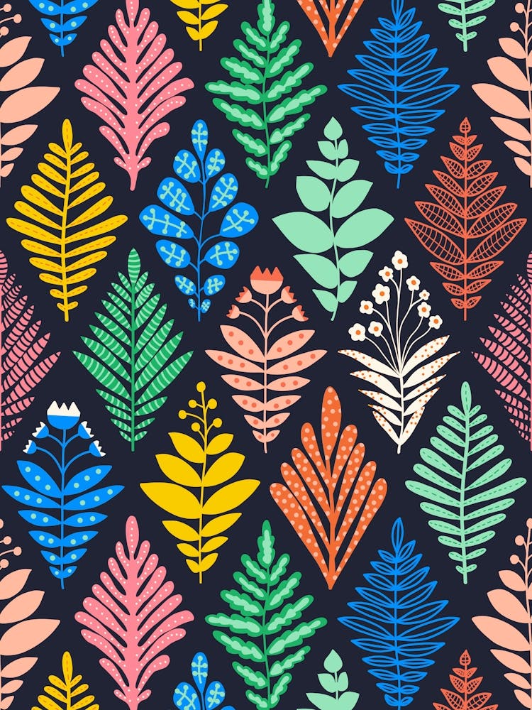 Rhombus Tropical Hawaiian Florals Damask Rainbow on Black