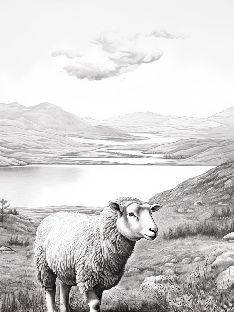 Black & White Illustration Of Highland Sheep With The Valley In The Distance 2