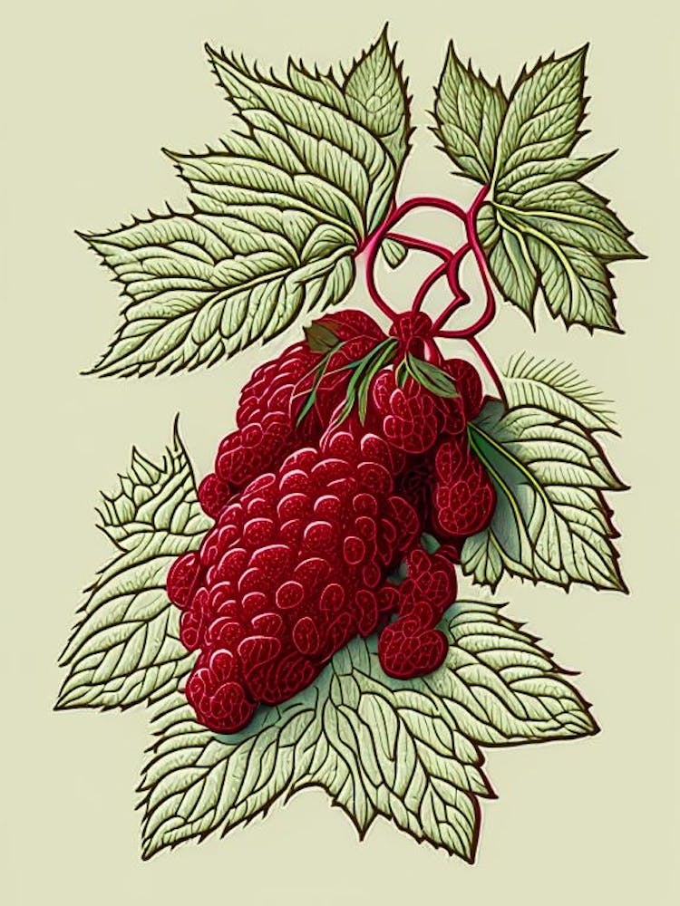 Red Raspberry Herb William Morris Inspired Line Drawing 2