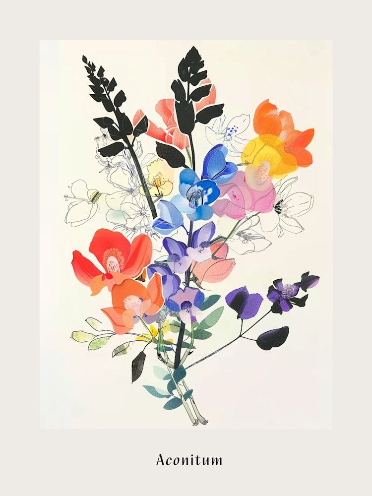 Aconitum Collage Affiche Bouquet de Fleurs