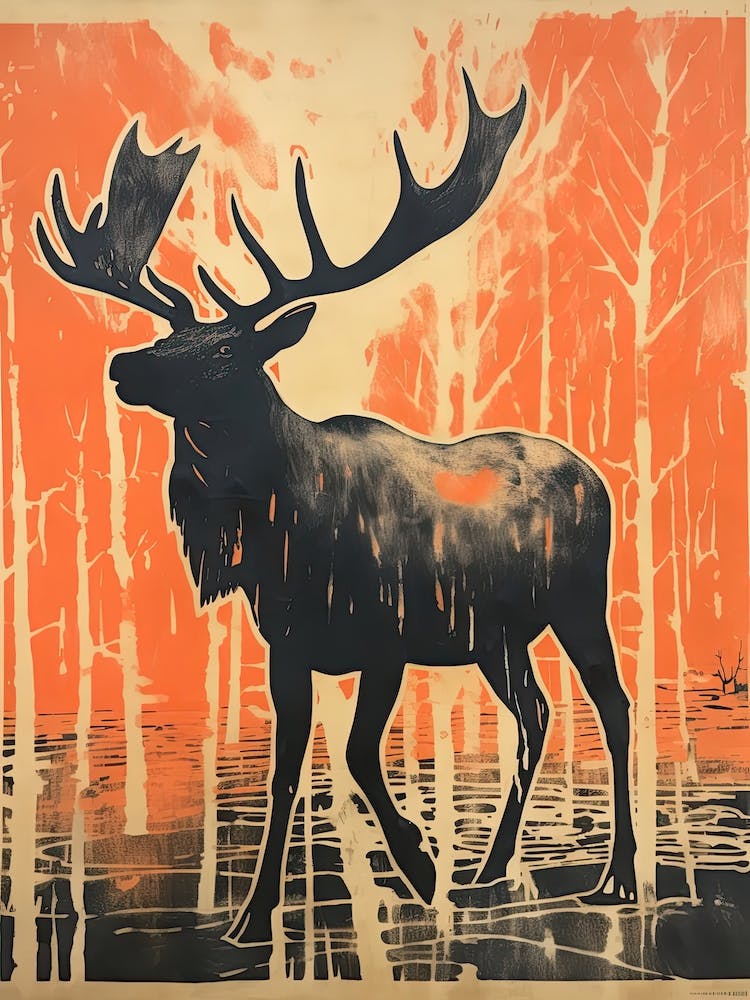 Elk, Woodblock Animal Drawing 1