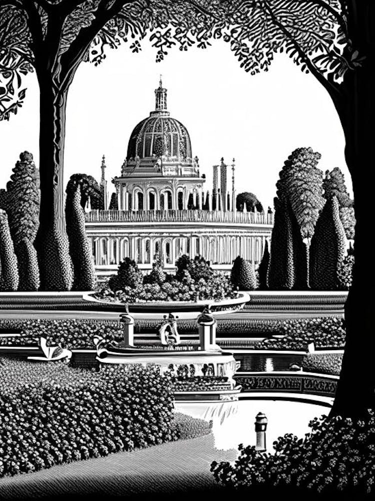 Park Of The Palace Of Versailles, France Linocut Black And White Vintage